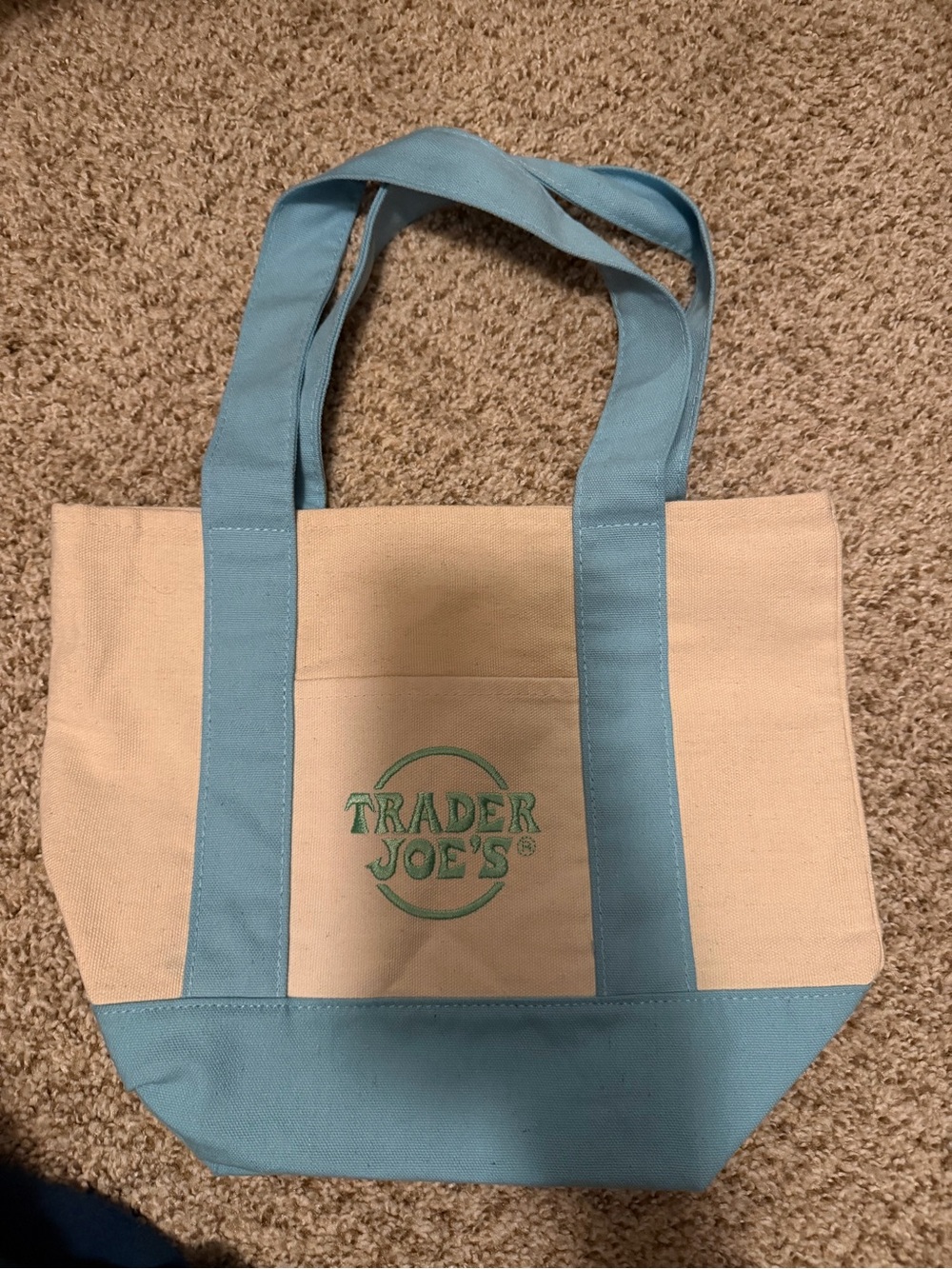 Trader Joe's Mini Canvas Tote in Light Blue and Natural